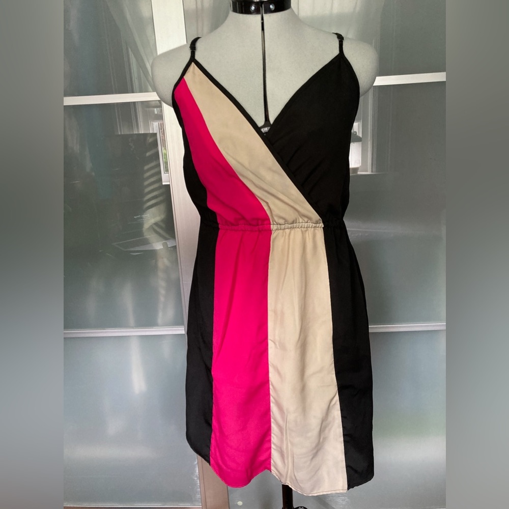 Mossimo Women’s Faux-wrap Dress, Black with Pink & Cream color panels, XS
